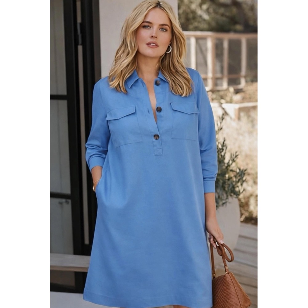 J. Jill Love Linen Shirt Dress Lg Pet Blue Ginger Pockets Coastal Casual Travel